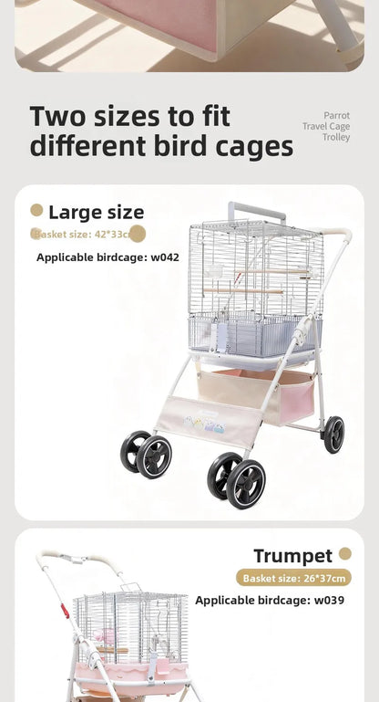 Foldable Lightweight Parrot Stroller Outdoor Travel Pet Carrier with Storage Space