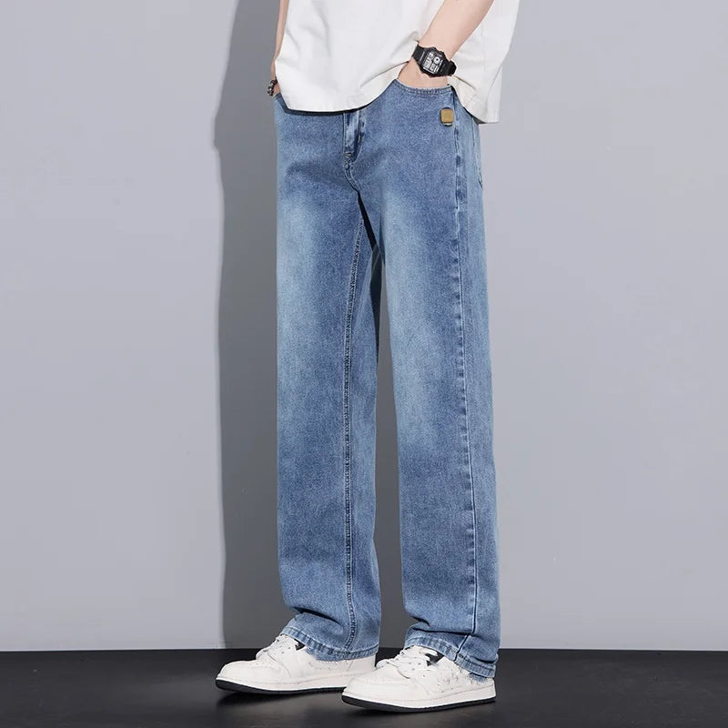 New Arrival American Vintage Wide Leg Elastic Denim Pants for Men Loose Straight Fit Flowy Versatile Casual Pants