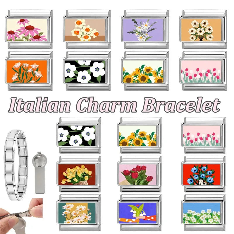2025 Women's Fashion Colorful Flowers Oil Painting Style Series Italian Charms Fit 9mm Stainless Steel Bracelet DIY Jewelry Gift