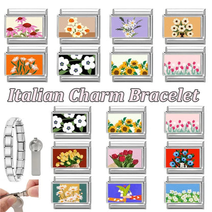 2025 Women's Fashion Colorful Flowers Oil Painting Style Series Italian Charms Fit 9mm Stainless Steel Bracelet DIY Jewelry Gift