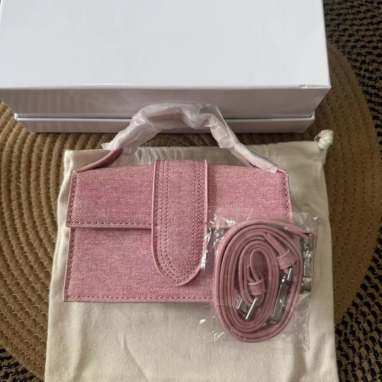 Women Denim Textured Mini Baguette Bag Thin Short Top Handle Detachable Adjustable Crossbody Strap Flap Purse