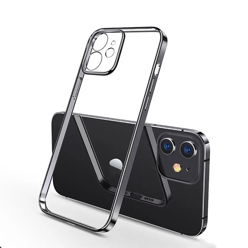 Luxury Plating Square Frame Silicone Transparent Case on For iPhone 11 12 13 14 15 Pro Max X XR XS Max 7 Plus Clear Back Cover