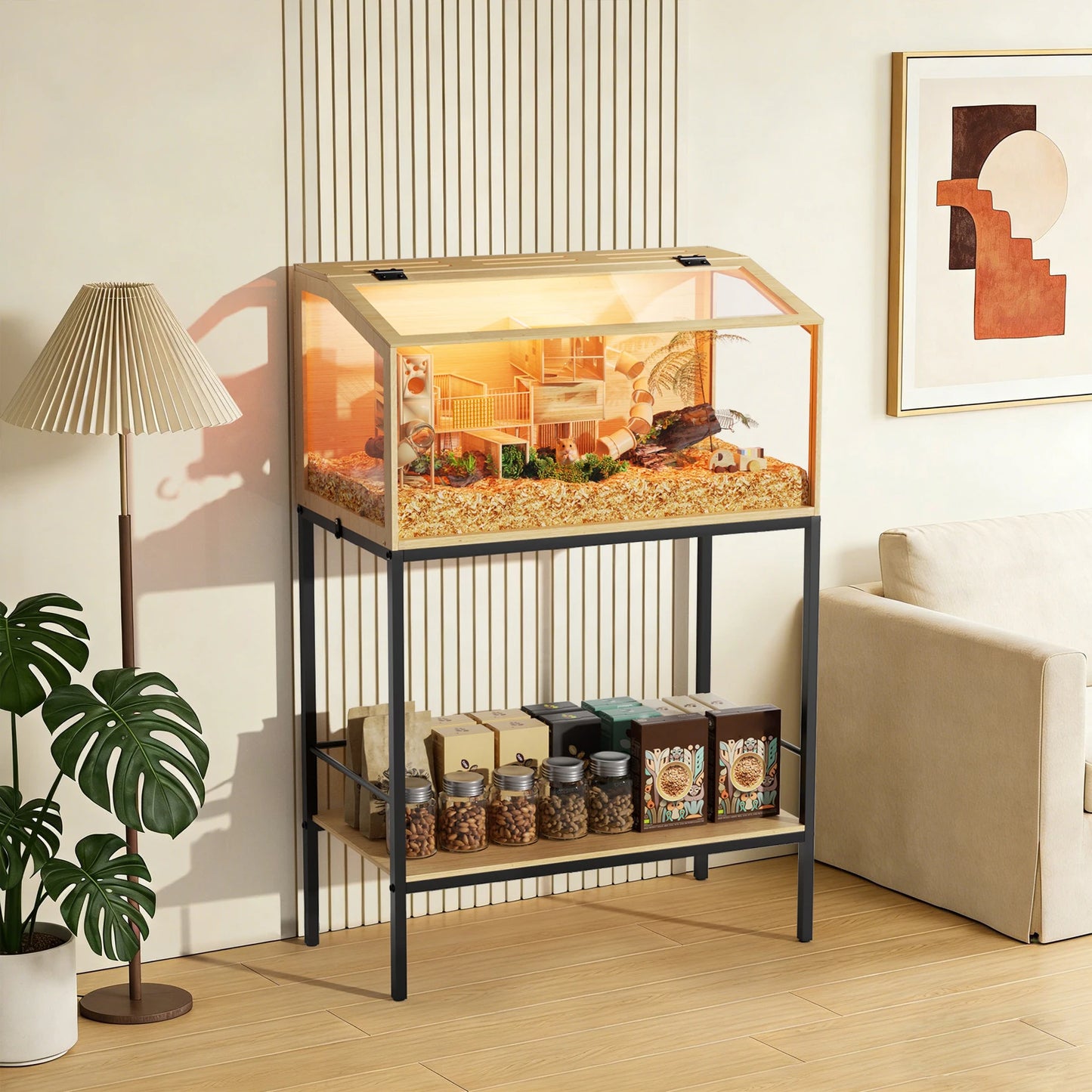Large Wooden Hamster Cage Clear Tempered Glass Pet Small Animal Habitat Cage Playful Hutch House