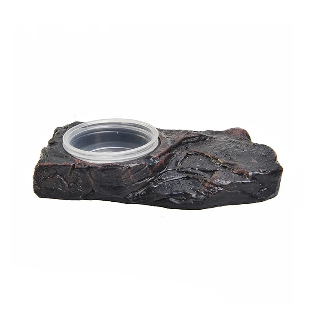 Imitation Stone Resin Rock Feeder Dish Wear Resistant Anti-knock Pet Feeder Ledge with Bowls Wide Mouth Reptile Food Bowl