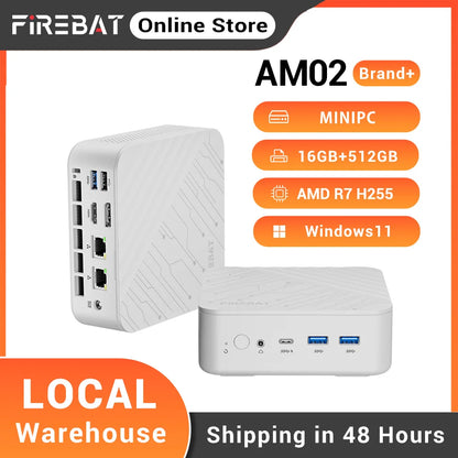 FIREBAT AM02 Mini PC AMD Ryzen 7 H255 DDR5 16GB RAM M.2 PCIe 512GB SSD WiFi6 BT5.2 1000M LAN Windows11 Desktop Computer