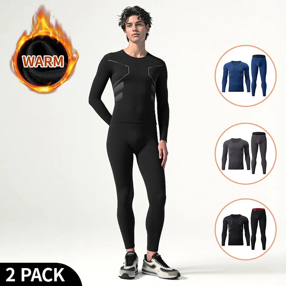 2-piece Men's Autumn And Winter Solid Color Round Neck Fashionable Printed Sports Thermal Underwear Set Simple And Comfortable