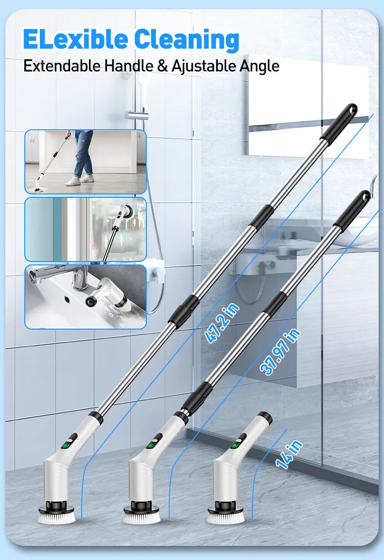 Electric Spin Scrubber 9 in 1 Cordless Cleaning Brush Telescopic Handle LED Display Wireless Bathroom Kitchen Floor Tile Cleaner