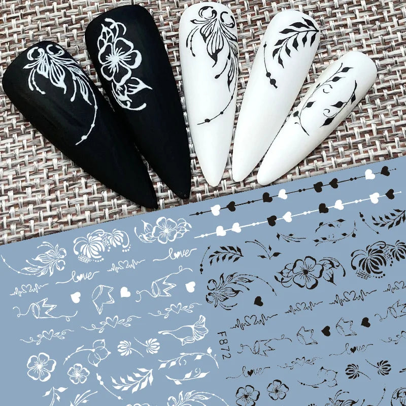 Black and White Love Flowers Line Art 3D Stickers Nail Decals Nail Art Accessories Butterfly Rose Nail Stickers Nail Sliders