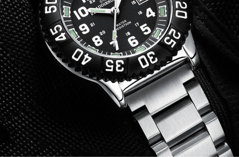 Addies Dive Men Fashion Casual Watch Calendar Display 50m Waterproof Tube Luminous Watch Black Dial Rotating Bezel Quartz Watch