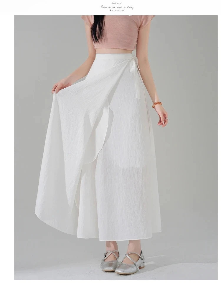 Chic Korea Clothes Summer Women Cute Sweet GIrls Solid Robe Holiday Date High Waist Retro Vintage Wrap One-Piece Lace-Up Skirts