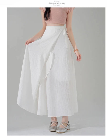Chic Korea Clothes Summer Women Cute Sweet GIrls Solid Robe Holiday Date High Waist Retro Vintage Wrap One-Piece Lace-Up Skirts