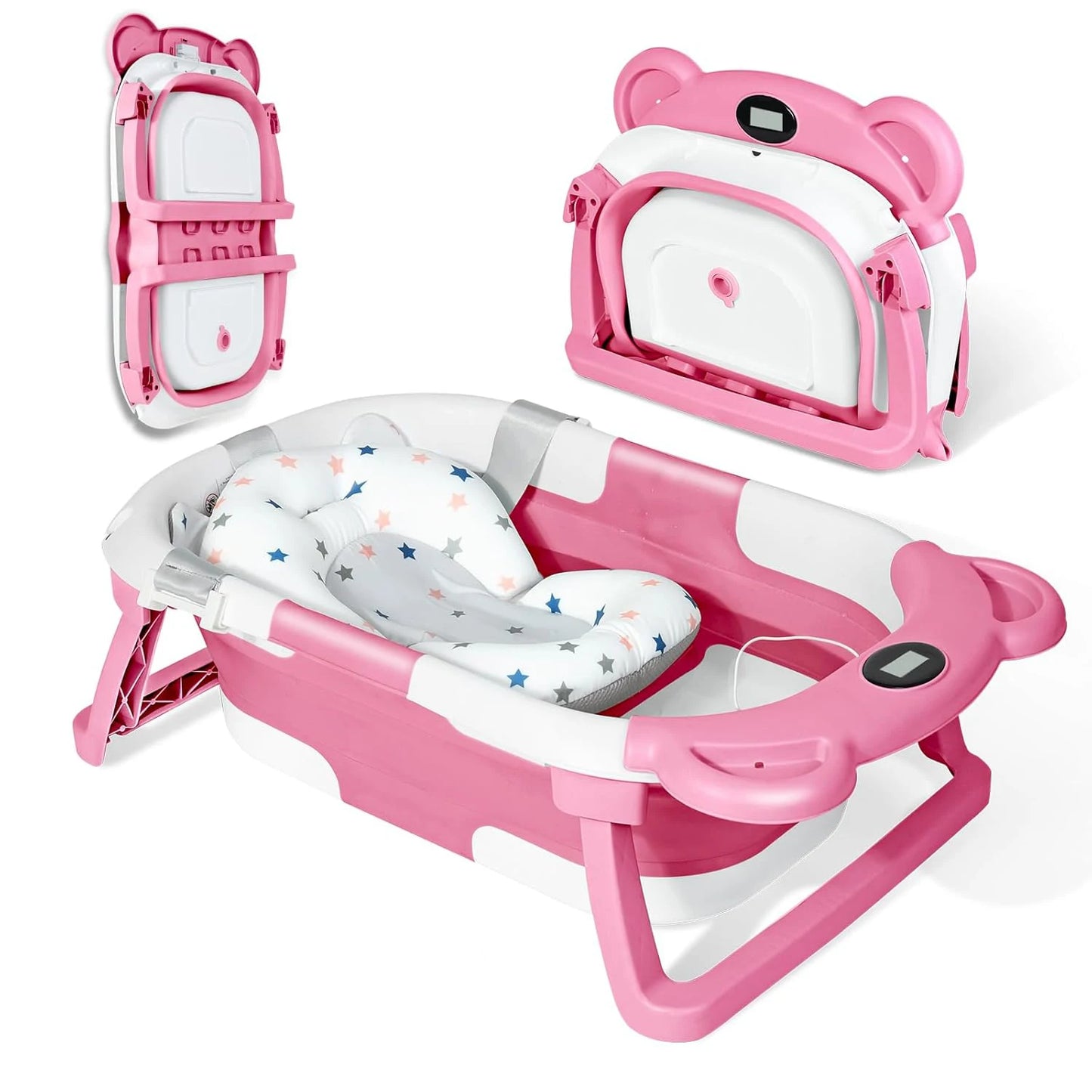 Collapsible Baby Bathtub for Newborn with Thermometer &1Soft Floating Cushion,Portable Travel Bathtub with Drain Hole,Baby Tubs