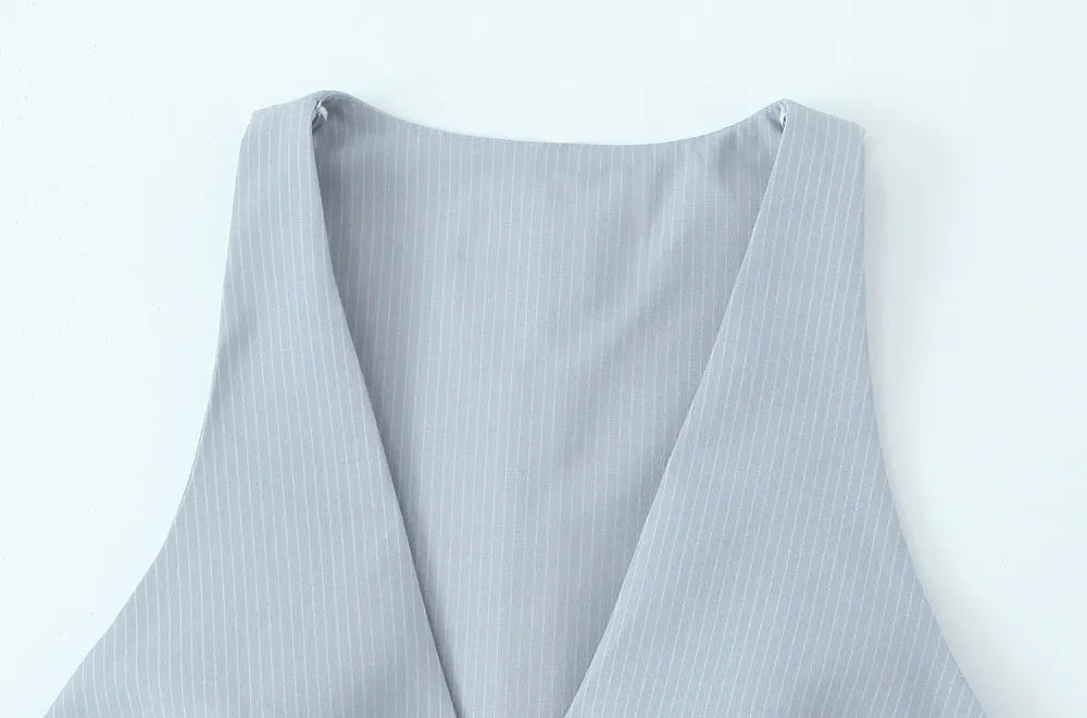 Women's Fashion Striped Patchwork Vest Sleeveless V-Neck Waistcoat Chic Outerwear Front Button Chic Vest Tops