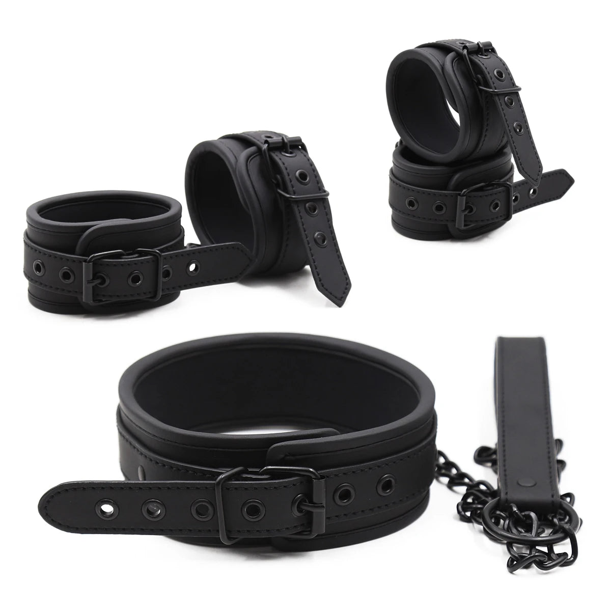 Thierry PU Leather SM Products Wrist Cuffs & Ankle Cuffs & Neck Collar Set, BDSM Bondage Sex Toys, Hancuffs Cosplay Accessories