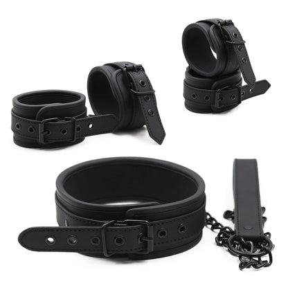 Thierry PU Leather SM Products Wrist Cuffs & Ankle Cuffs & Neck Collar Set, BDSM Bondage Sex Toys, Hancuffs Cosplay Accessories