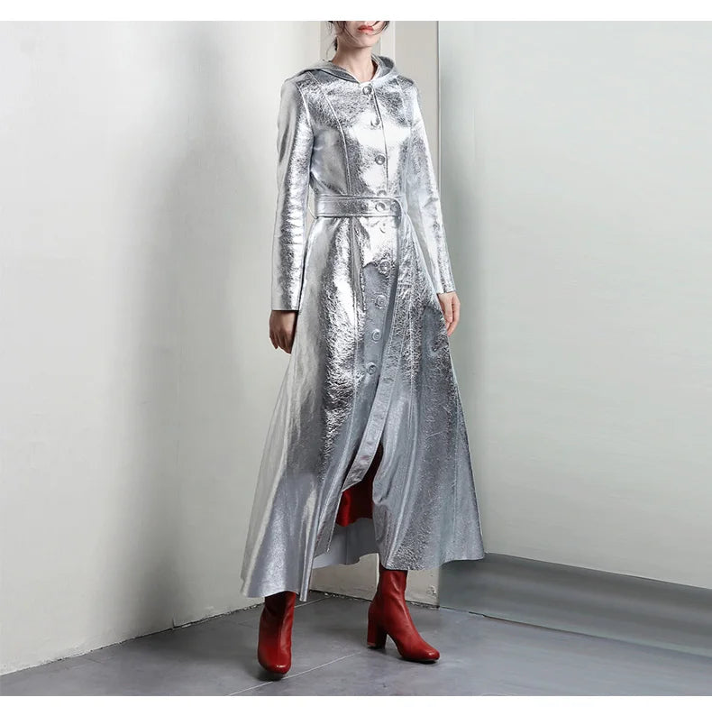 Lautaro Spring Autumn Extra Long Cool Silver Shiny Reflective Pu Leather Trench Coat for Women with Hood Luxury Runway Fashion