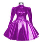 Plus Size Sweet Girl Mini Dress PVC Leather High Neck Button Pleated  A-line Dress Preppy Style Back Zipper Long Sleeve Dress