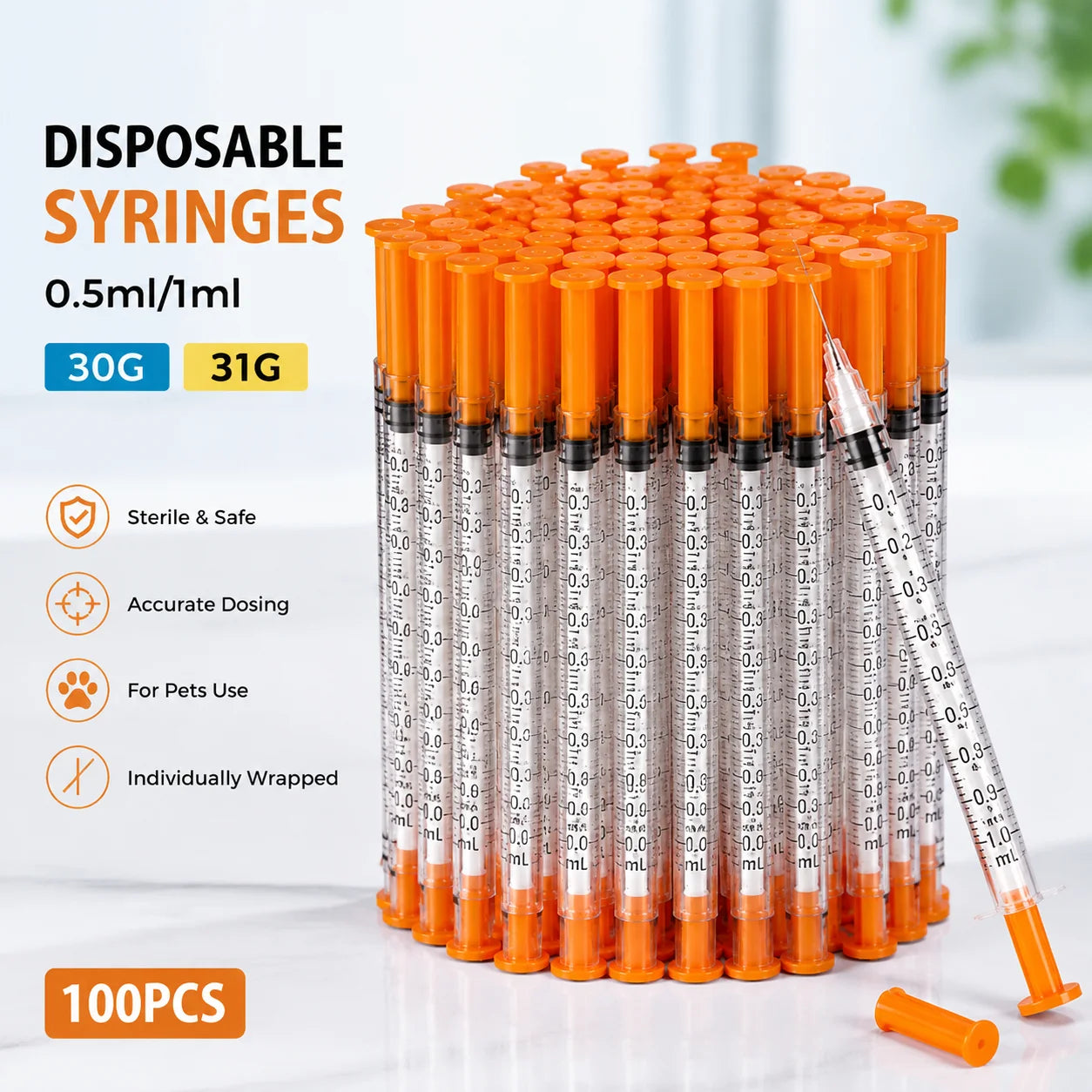 100pcs 1ml 0.5ml 30G 31G Pet Animal Dog Cat Disposable Syringe Plastic Veterinary Syringe with Needles Medical Supplies