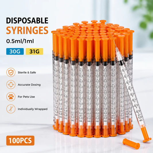 100pcs 1ml 0.5ml 30G 31G Pet Animal Dog Cat Disposable Syringe Plastic Veterinary Syringe with Needles Medical Supplies