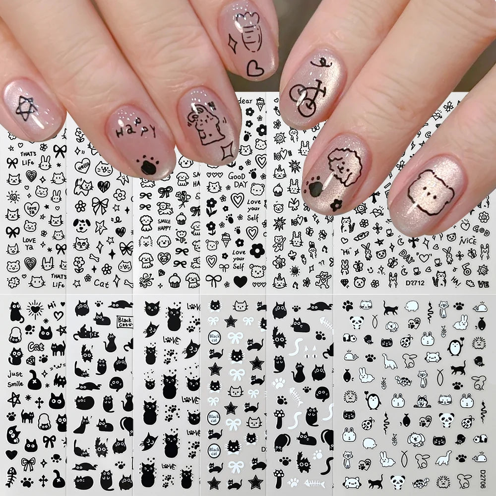 12sheet Cartoon Black Cat Nail Stickers Set Multiple Action Kawaii Puppy Kitten Nail Art Decals Adhesive Kids Manicure Decoratio