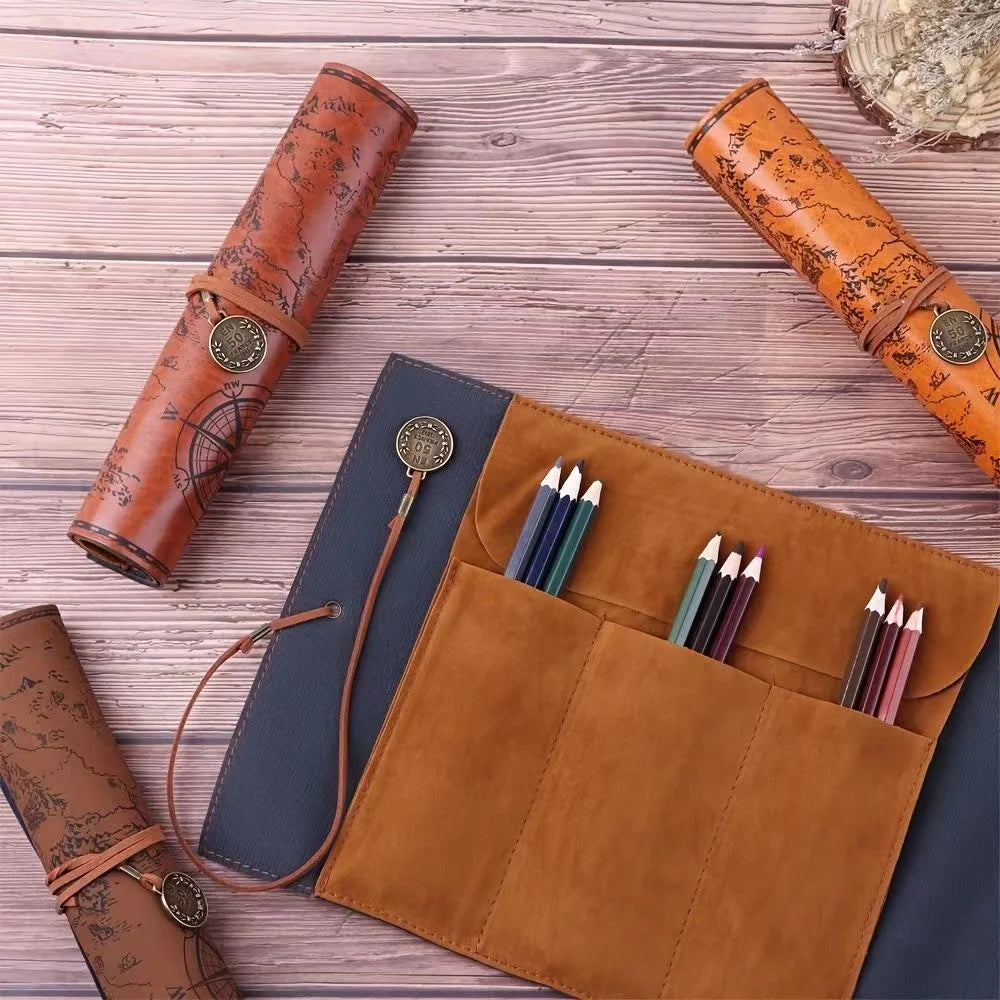 1PC Creative Treasure Map Retro Pencil Case Leather Large Capacity Roll Pencil Bag Embossed Buckle Simple Stationery Box Roll Po