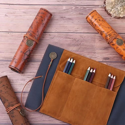 1PC Creative Treasure Map Retro Pencil Case Leather Large Capacity Roll Pencil Bag Embossed Buckle Simple Stationery Box Roll Po
