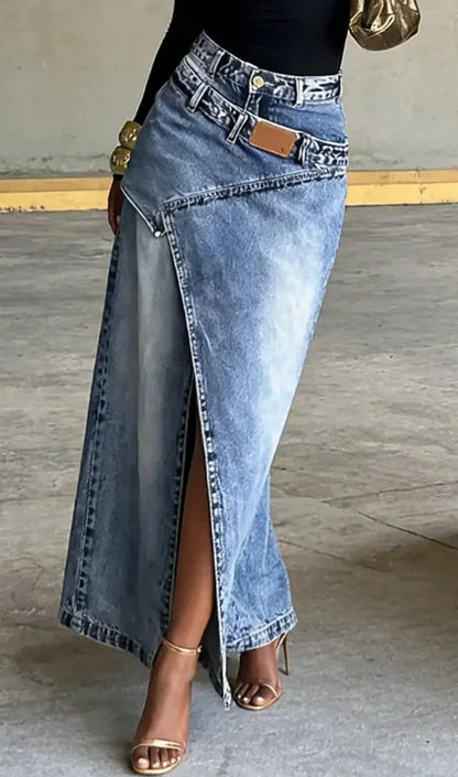 Fashion Distressed Wash Retro Denim Maxi Skirt Women's High Waist Asymmetric Wrap Front Slit Decor Stitching Long Jean Skirt New