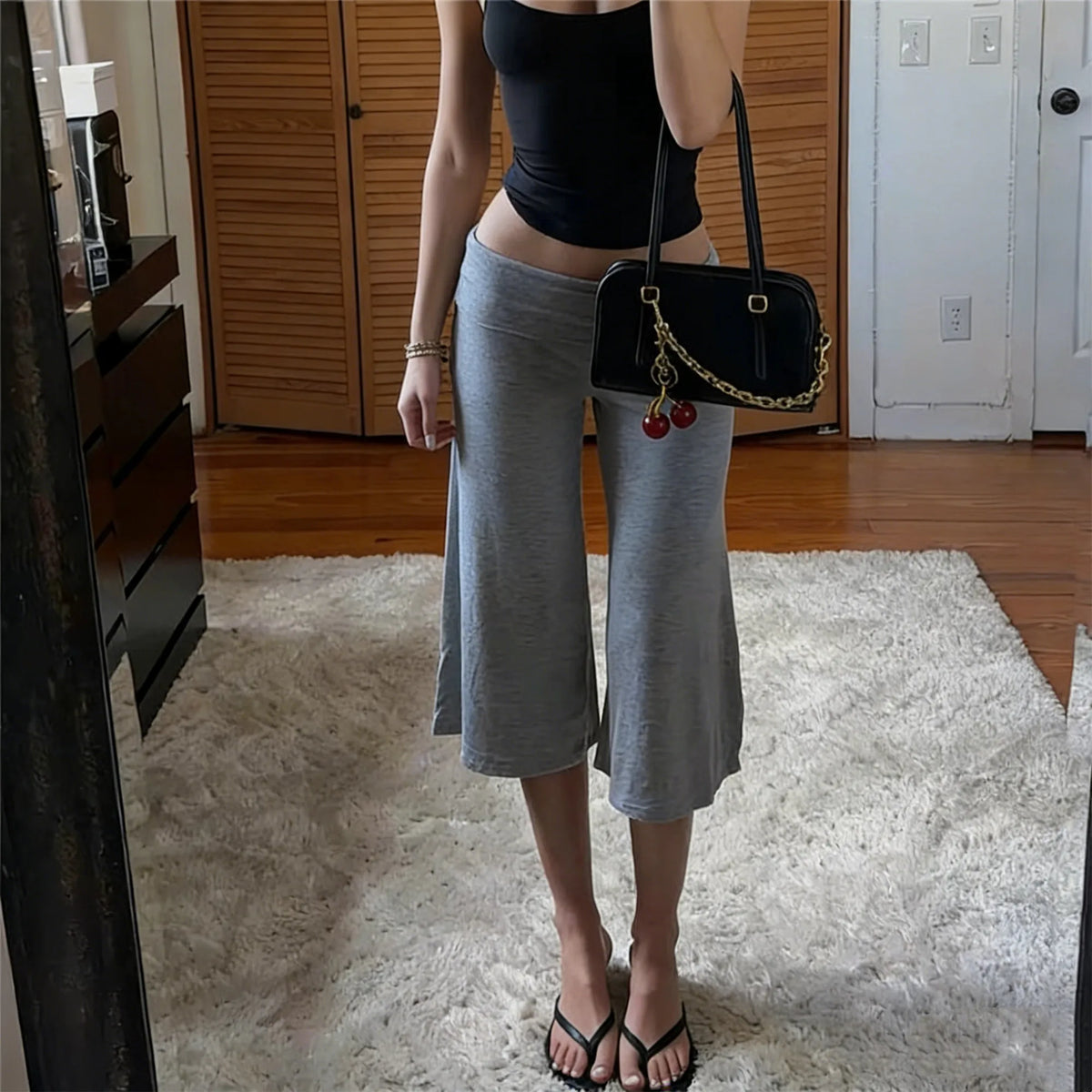 Women Fold Over Waist Gaucho Pants Low Rise Cropped Wide Leg Capri Pants Summer Foldover Culottes Yoga Pants Pajama Bottoms