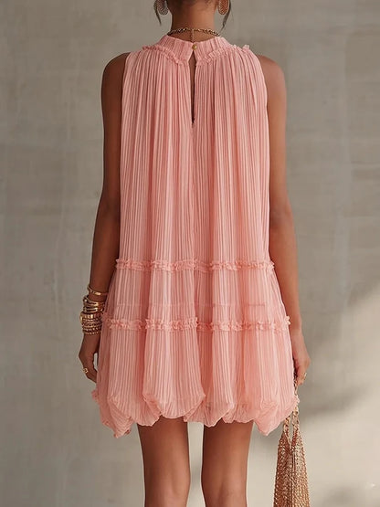 2026 Women Solid O-Neck Princess Party Dress Spring Summer Sexy Sleeveless Ladies Loose Ruched Dresses Streetwear Dropshipping