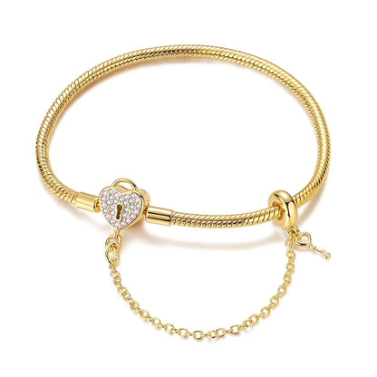 Original Bracelet 925 Sterling Silver Charm Bracelet 17-20CM Golden Heart Love Key Clover Bracelet Bangle Women Jewelry Gift