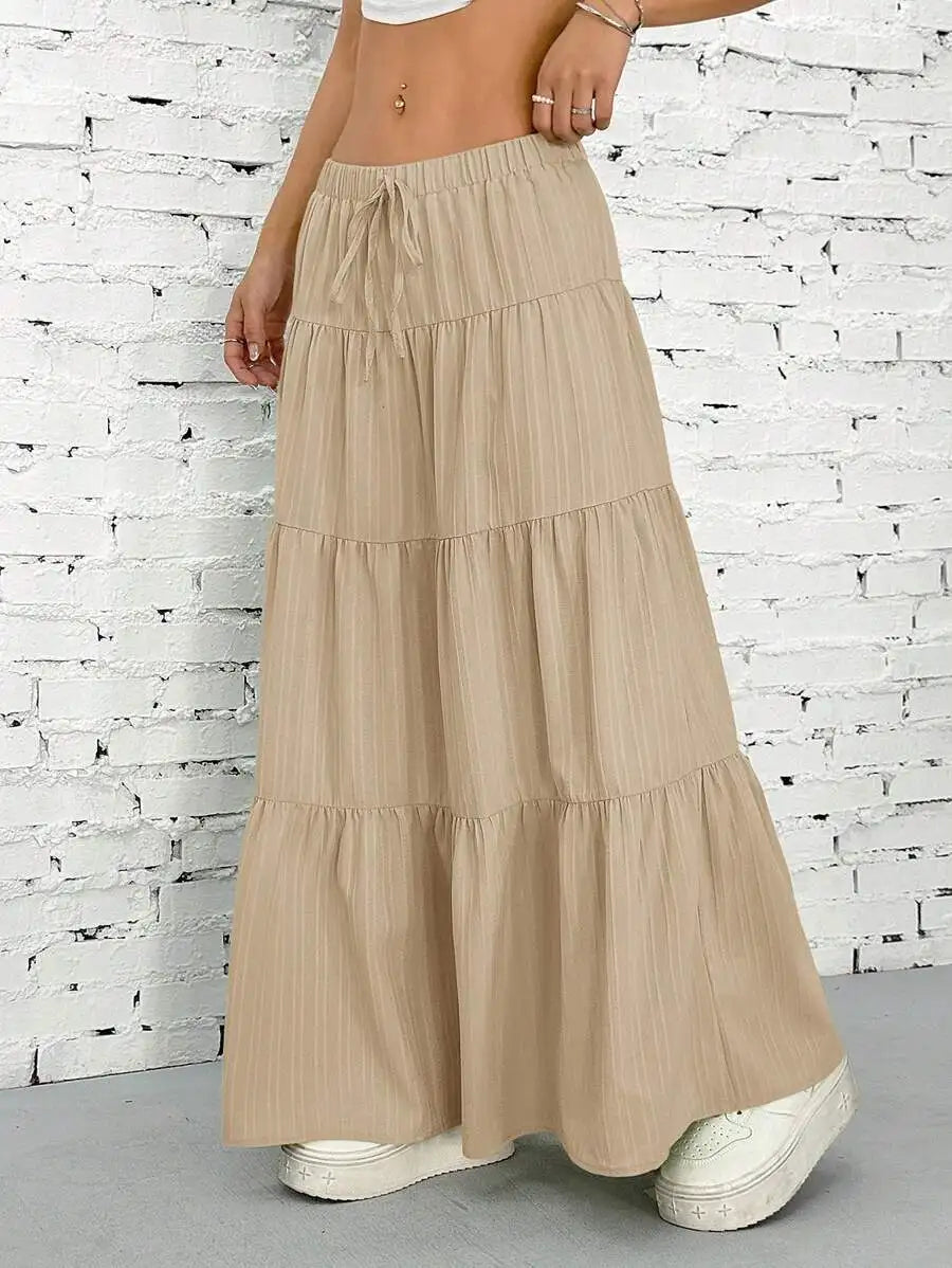 European and American Cross-Border New Style Wish Spring and Summer Women's Skirts, Tie-Strap Spliced Flared Skirts, Loose Long
