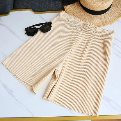 Women Casual Wide Leg Shorts 2025 Summer Elastic High Waist Pleated Shorts Woman Solid Color Loose Ice Silk Knee-Length Pants