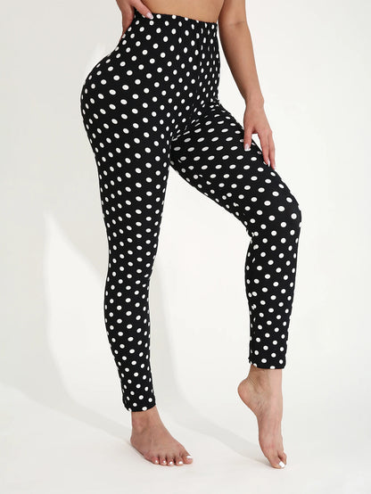 Four Seasons European  American Casual Women's Black Leggings  High Stretch Tight Pants White Polka Dot Pattern Cropped Pants