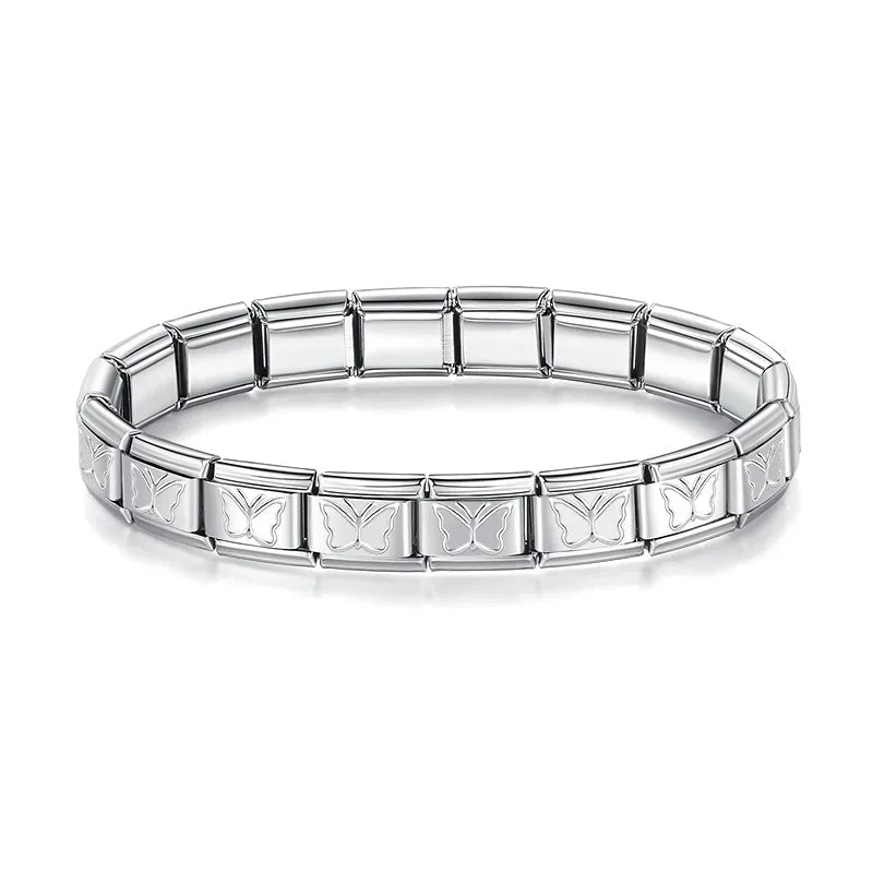 Hapiship 2024 Women's Jewelry 9mm Width Itanlian Elastic Star Heart Butterfly Charm Bracelet Fashion Stainless Steel Bangle ST-