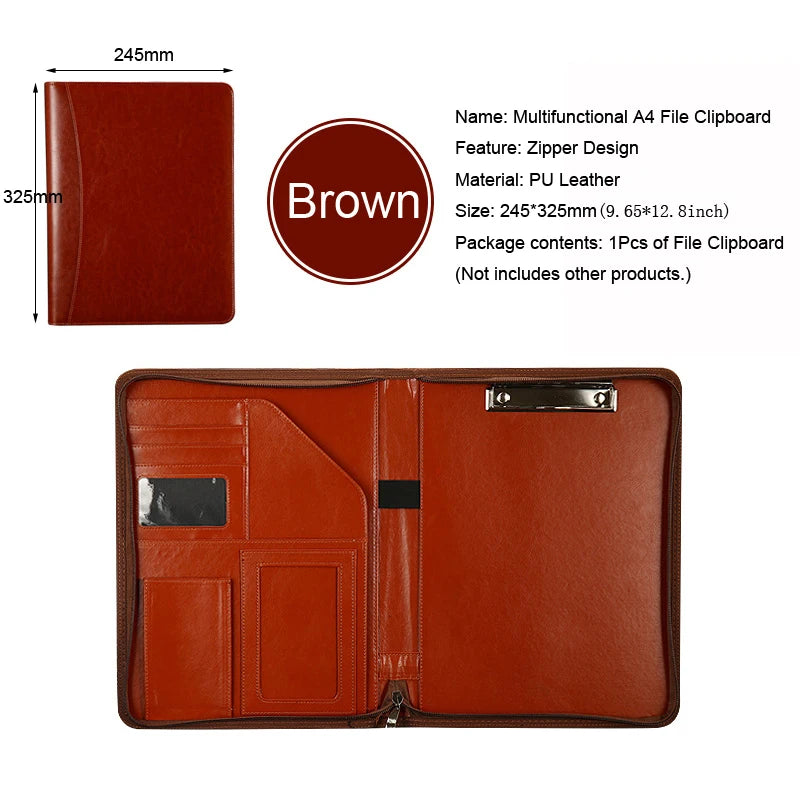 Executive Business A4 Leather Portfolio Folder Clipboard for Zippered Desk Organizer Document Briefcase Calculator for Office