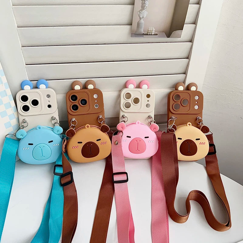For iPhone 17 16 15 14 13 12 11 XR Xs 6 6s 7 8 SE Pro Max mini Plus e Capybara head Wallet Case With Accessories