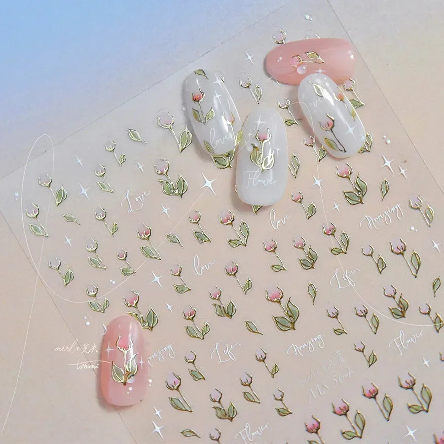 White Flower Petal Cherry Blossom Peach Blossom Falling Petal Floral Gradient 5D Self Adhesive Nail Art Sticker Manicure Decals
