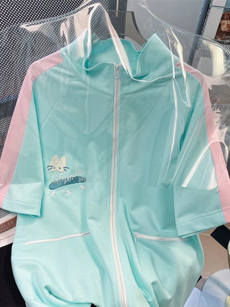 Summer Cartoon Embroidery Two Piece Set Women Hoodie Harajuku Shorts Outfits Tops Contrast Color Casual Loose Y2k Aesthetic Suit