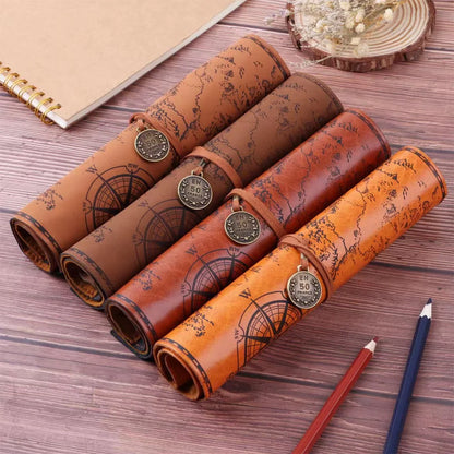 1PC Creative Treasure Map Retro Pencil Case Leather Large Capacity Roll Pencil Bag Embossed Buckle Simple Stationery Box Roll Po