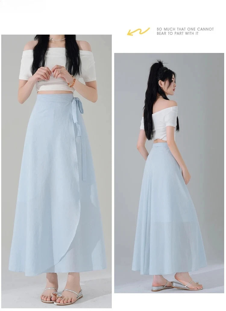 Chic Korea Clothes Summer Women Cute Sweet GIrls Solid Robe Holiday Date High Waist Retro Vintage Wrap One-Piece Lace-Up Skirts