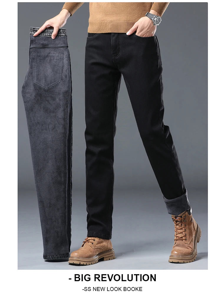 Men's Winter Stretch Fleece Jeans Thickened Warm Loose Straight Velvet Denim Trousers Classic Business Casual Black Work Pants