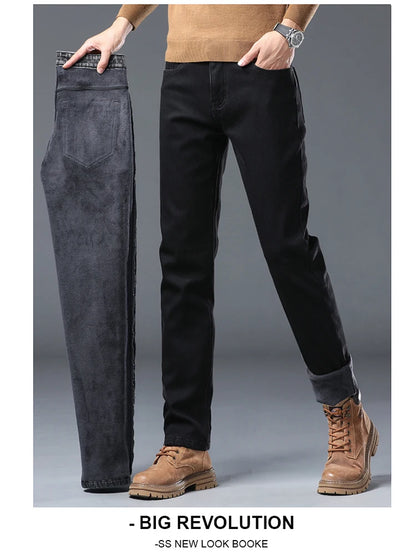 Men's Winter Stretch Fleece Jeans Thickened Warm Loose Straight Velvet Denim Trousers Classic Business Casual Black Work Pants