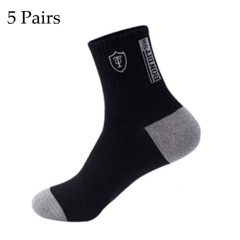 5 Pairs Cotton Sock for Men Sport Breathable Soft Letter Fashion Sneakers High Elastic Middle Tube Stocking Towel Sox Summer