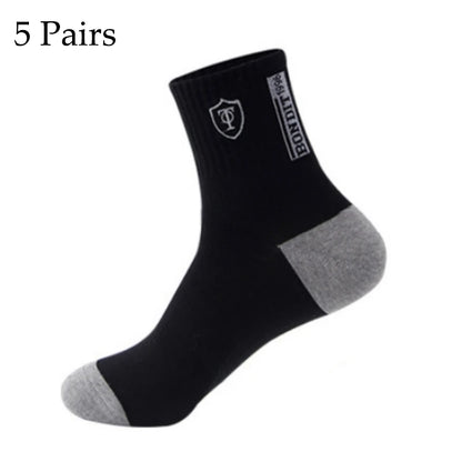 5 Pairs Cotton Sock for Men Sport Breathable Soft Letter Fashion Sneakers High Elastic Middle Tube Stocking Towel Sox Summer