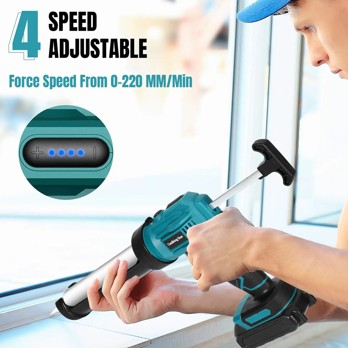 21V Cordless Electric Caulking Gun 4 Speed Adjustable Anti Drip Silicone Sealant Applicator 300ml 10oz Cartridge Rechargeable Power Tool for Construction Window Door Kitchen Bathroom Home Repair DIY