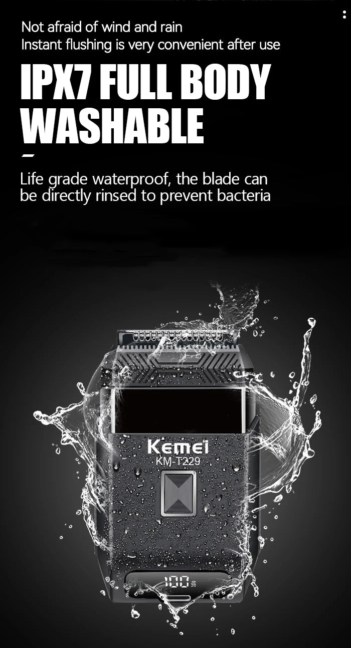 Kemei  Professional IPX7 Waterproof Shaving Machine Men Travel Beard Trimmer Electric Shaver Barber Rechargeable Razor KM-T229