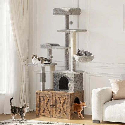 Garvee 2-in-1 Wooden Cat Tree with Hidden Litter Box Enclosure, Multi-Level Cat Tower with Scratching Posts, Cat Condo, Platforms & Hammock, Indoor Cat Washroom Furniture, Brown