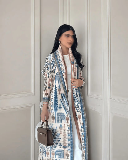 Autumn Women's Long Coat, Retro Printed Long Sleeved Muslim Abaya Saudi Fashion Wrinkled Waist Belt