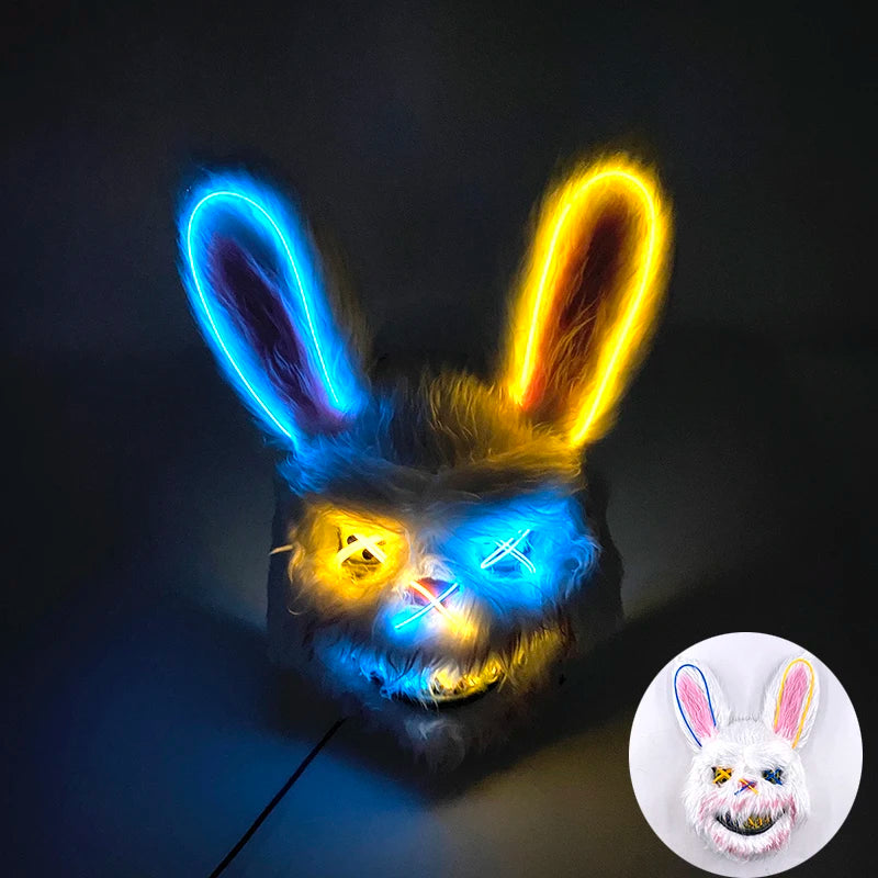 LED Bloody Rabbit Mask Glowing Killer Black Bear Mask Halloween Dance Party Cosplay Costume Props Assassinated Plush Rabbit Mask