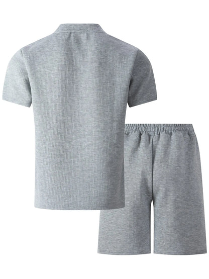 2025 summer new men's suit leisure solid color jacquard round neck fashion all-match short-sleeved T-shirt drawstring shorts set